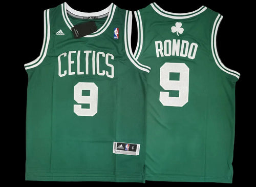 Green basketball jersey with 'Celtics' and 'Rondo 9' on a light gray background