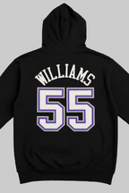 Black hoodie with 'Williams 55' printed on the back against a beige background
