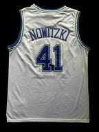 White basketball jersey with 'NOWITZKI' and number '41' on a beige background