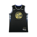 Black basketball jersey with yellow and blue details on a white background